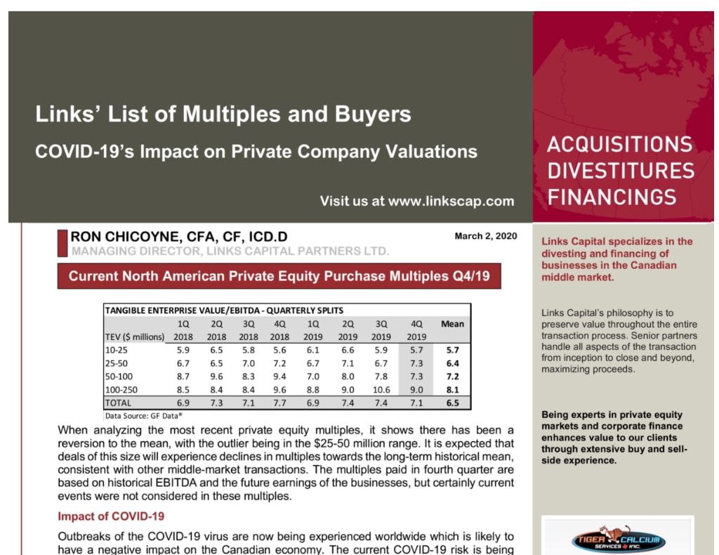 Links' List of Multiples and Buyers | COVID-19's Impact on Private Company Valuation | March 2020
